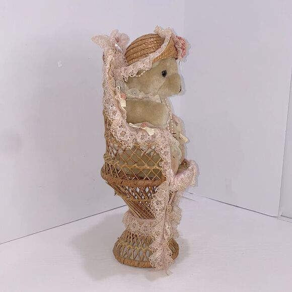 Vintage Victorian Style Teddy Bear in Lace Outfit Sitting In Wicker Chair - Picture 5 of 9